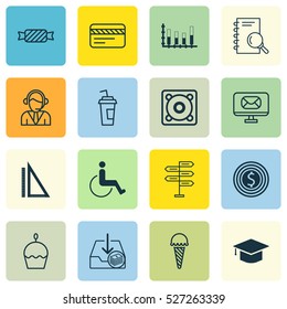 Set Of 16 Universal Editable Icons. Can Be Used For Web, Mobile And App Design. Includes Elements Such As Bank Card, Music, Sweet And More.
