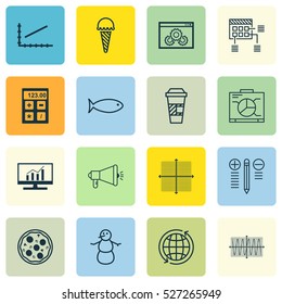 Set Of 16 Universal Editable Icons. Can Be Used For Web, Mobile And App Design. Includes Elements Such As Pizza Meal, Media Campaign, Board And More.