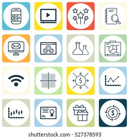 Set Of 16 Universal Editable Icons. Can Be Used For Web, Mobile And App Design. Includes Elements Such As Analysis, Stock Market, Graphical Grid And More.