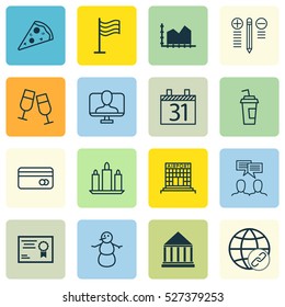 Set Of 16 Universal Editable Icons. Can Be Used For Web, Mobile And App Design. Includes Elements Such As Sliced Pizza, Sequence Graphics, Online Identity And More.
