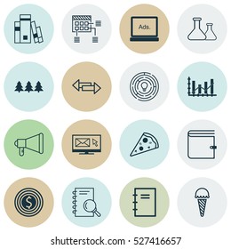 Set Of 16 Universal Editable Icons. Can Be Used For Web, Mobile And App Design. Includes Elements Such As Wallet, Spiral Notebook, Announcement And More.
