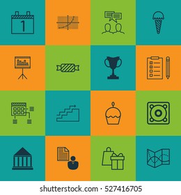 Set Of 16 Universal Editable Icons. Can Be Used For Web, Mobile And App Design. Includes Elements Such As Birthday Cake, Report, Reminder And More.