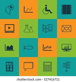 Set Of 16 Universal Editable Icons. Can Be Used For Web, Mobile And App Design. Includes Elements Such As Video Player, Market Research, Road Map And More.