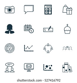 Set Of 16 Universal Editable Icons. Can Be Used For Web, Mobile And App Design. Includes Elements Such As Shopping, Birthday Cake, Collaboration And More.