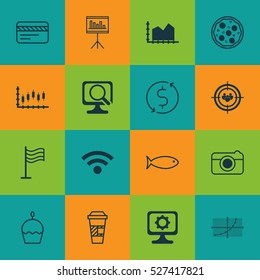 Set Of 16 Universal Editable Icons. Can Be Used For Web, Mobile And App Design. Includes Elements Such As Focus Group, Pizza Meal, Line Grid And More.