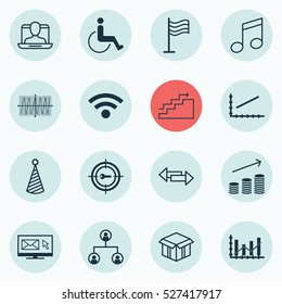 Set Of 16 Universal Editable Icons. Can Be Used For Web, Mobile And App Design. Includes Elements Such As Keyword Marketing, Crotchets, Raise Diagram And More.