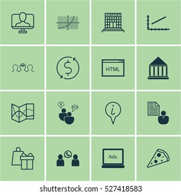 Set Of 16 Universal Editable Icons. Can Be Used For Web, Mobile And App Design. Includes Elements Such As Phone Conference, Road Map, Shopping And More.
