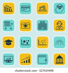 Set Of 16 Universal Editable Icons. Can Be Used For Web, Mobile And App Design. Includes Elements Such As Hotel Construction, Education Center, Street And More.