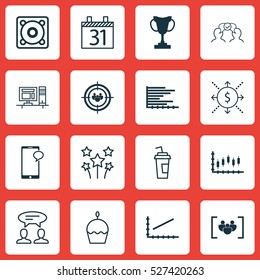 Set Of 16 Universal Editable Icons. Can Be Used For Web, Mobile And App Design. Includes Elements Such As Cooperation, Drink Cup, Music And More.