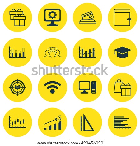 Set Of 16 Universal Editable Icons For Airport, Education And Computer Hardware Topics. Includes Icons Such As Graduation, Segmented Bar Graph, Bars Chart And More.