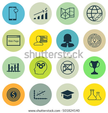 Set Of 16 Universal Editable Icons For Education, Management And Statistics Topics. Includes Icons Such As Keyword Optimisation, Business Woman, Chemical And More.