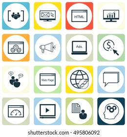 Set Of 16 Universal Icons On Conference, Report, PPC And More Topics. Vector Icon Set Including SEO Brainstorm, Coding, Brain Process And Other Icons.