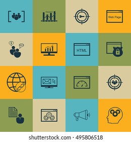Set Of 16 Universal Icons On Newsletter, Report, SEO Brainstorm And More Topics. Vector Icon Set Including Market Research, Media Campaign, Connectivity And Other Icons.
