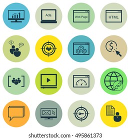 Set Of 16 Universal Icons On Loading Speed, Video Player, Market Research And More Topics. Vector Icon Set Including Website, Market Research, Report And Other Icons.