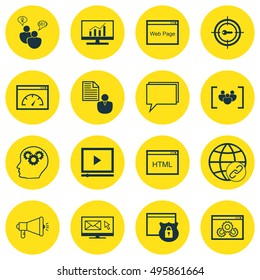 Set Of 16 Universal Icons On Conference, Connectivity, Brain Process And More Topics. Vector Icon Set Including Connectivity, Questionnaire, Website And Other Icons.