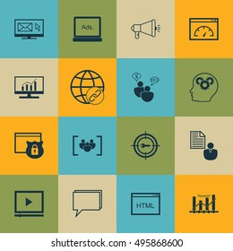 Set Of 16 Universal Icons On Market Research, Conference, Keyword Marketing And More Topics. Vector Icon Set Including Conference, Market Research, Loading Speed And Other Icons.