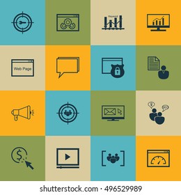 Set Of 16 Universal Icons On Security, PPC, Conference And More Topics. Vector Icon Set Including Website Performance, Loading Speed, Keyword Marketing And Other Icons.