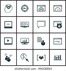 Set Of 16 Universal Icons On Market Research, Conference, Keyword Marketing And More Topics. Vector Icon Set Including Video Player, PPC, Coding And Other Icons.