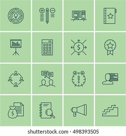 Set Of 16 Universal Icons On Presentation, Money, Analysis And More Topics. Vector Icon Set Including Present Badge, Presentation, Collaboration And Other .