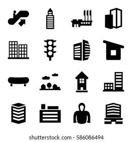  Set of 16 urban filled icons such as escalator up, business center, building, hoodie, traffic light, house building, city landscape