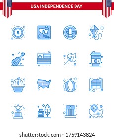 Set of 16 USA Day Icons American Symbols Independence Day Signs for usa; guiter; american; flying; kite Editable USA Day Vector Design Elements