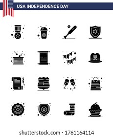 Set of 16 USA Day Icons American Symbols Independence Day Signs for drum; shield; ball; protection; usa Editable USA Day Vector Design Elements