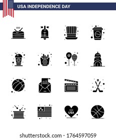 Set of 16 USA Day Icons American Symbols Independence Day Signs for food; soda; day; drink; bottle Editable USA Day Vector Design Elements