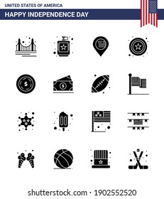 Set of 16 USA Day Icons American Symbols Independence Day Signs for american; star; hip; police; map Editable USA Day Vector Design Elements