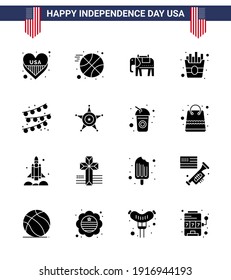 Set of 16 USA Day Icons American Symbols Independence Day Signs for police; party bulb; american; party decoration; fries Editable USA Day Vector Design Elements