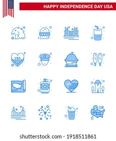 Set of 16 USA Day Icons American Symbols Independence Day Signs for american; summer; gate; drink; usa Editable USA Day Vector Design Elements