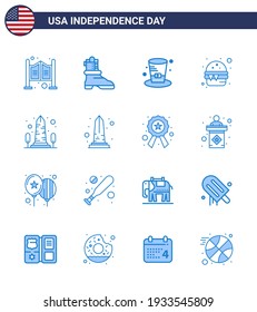Set of 16 USA Day Icons American Symbols Independence Day Signs for sight; landmark; hat; meal; fast Editable USA Day Vector Design Elements