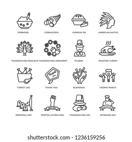 Set Of 16 USA linear icons such as Veterans Day, Thanksgiving Porridge, Memorial crowd March, blessings, Thank you, Cornucopia, editable stroke icon pack, pixel perfect