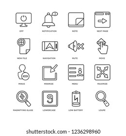 Set Of 16 User Interface linear icons such as Loupe, Low battery, Lowercase, Magnifying glass, Maximize, Off, New File, Minus, Mute, editable stroke icon pack, pixel perfect