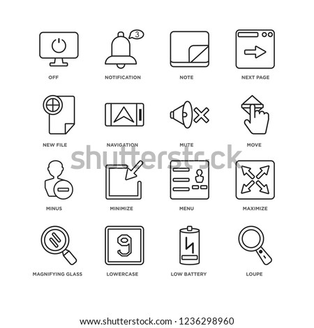 Set Of 16 User Interface linear icons such as Loupe, Low battery, Lowercase, Magnifying glass, Maximize, Off, New File, Minus, Mute, editable stroke icon pack, pixel perfect