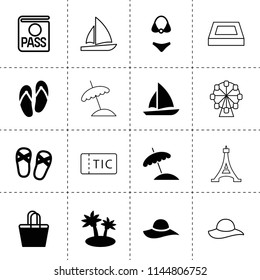 Set of 16 vacation filled and outline icons such as sail boat, beach hat, beach bag, swimsuit, beach umbrella, flip-flops, island, flip flops, passport, swimming pool