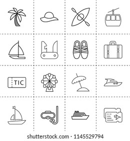 Set of 16 vacation outline icons such as ferris wheel, palm, beach hat, boat, sail boat, scuba, flip flops, ticket, briefcase, sailboat, cable car, beach umbrella, yacht