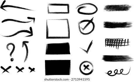 Um conjunto de 16 vários símbolos, formas e marcas em preto e branco em um plano de fundo branco simples para desenho e edição