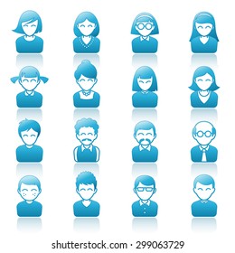 A set of 16 various cute cartoon avatars, with shaded colors and reflex.