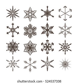 A set of 16 vector blue snowflakes on a white background. Snowflake set for winter design. Vector illustration.