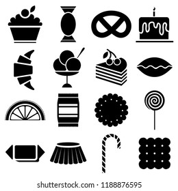 Set of 16 vector candy icons: cupcake, biscuit, cookies, croissant, ice cream, cake, chocolate candy, marmalade, pie, lollipop, pretzel, souffle. Isolated, flat