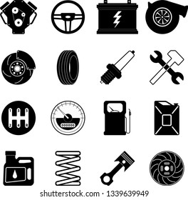 A set of 16 vector color icons of automotive subjects: canister, steering wheel, gasoline, clutch, brakes, engine, engine, battery, tools, turbine, spark plug, speedometer, tire, oil, gearbox, piston.