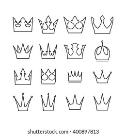 Set of 16 vector crowns icons for your design in mono line style.