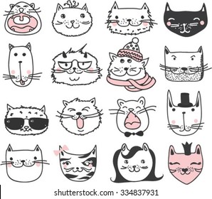 Set of 16 Vector doodle cute cats avatars