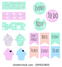 Set of 16 vector elements for stickers, patches, scrapbooking, bullet journals, etc. You will receive 3 bookmarks, 6 flags with phrases, 3 patterned circles with phrases, 4 cupcake silhouettes, enjoy!