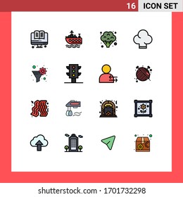 Set von 16 Vektorillustrationen flache, farbige Linien auf dem Raster für den Verkehr; Gangfilter, Gemüse; Trichter, Datenfilter Editable Creative Vektorillustration Design Elements