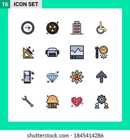Set of 16 Vector Flat Color Filled Lines on Grid for school; education; battery; walk; bicycle Editable Creative Vector Design Elements