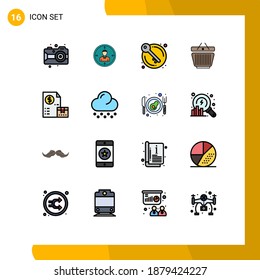 Set of 16 Vector Flat Color Filled Lines on Grid for shopping; basket; personal; authority; house Editable Creative Vector Design Elements