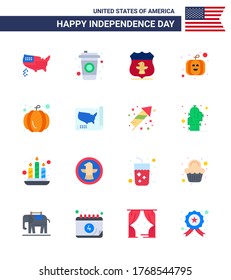 Set Of 16 Vector Flats On 4th July USA Independence Day Such As Usa; States; Usa; Map; Pumpkin Editable USA Day Vector Design Elements