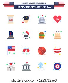 Set of 16 Vector Flats on 4th July USA Independence Day such as grave; usa; house; american; heart Editable USA Day Vector Design Elements