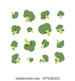 Set of 16 vector green broccoli isolated on white background